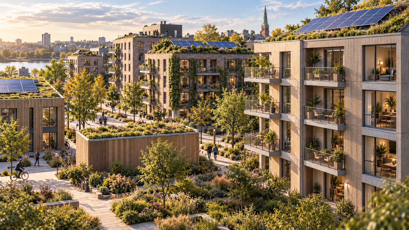 Conjunto de edificios residenciales sostenibles con fachadas de madera y hormigón, cubiertas verdes y paneles solares, rodeados de vegetación en un entorno urbano junto al agua.
