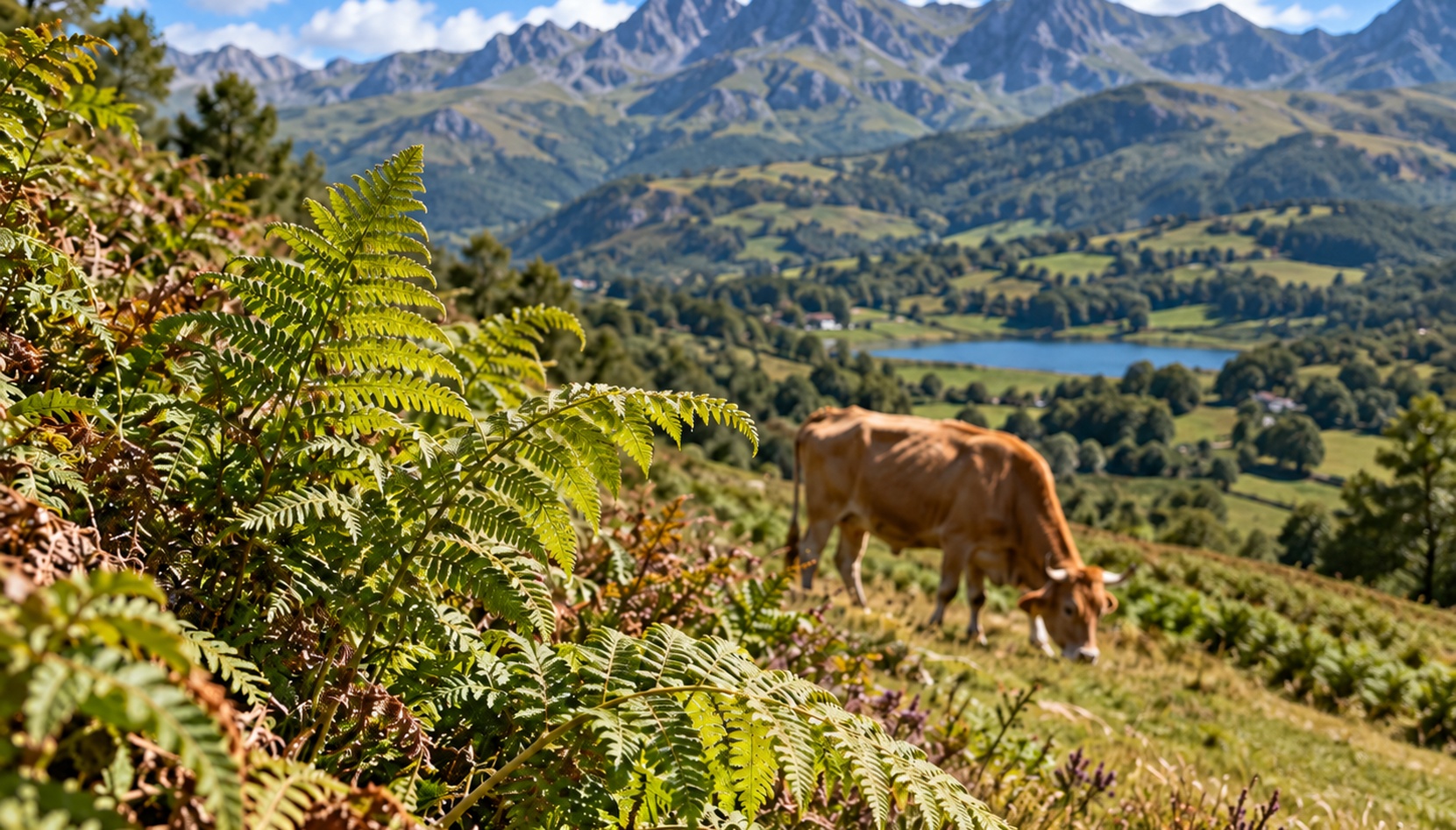 Helechos en primer plano y una vaca pastando en un paisaje montañoso de Asturias, con prados, bosques y un embalse al fondo.