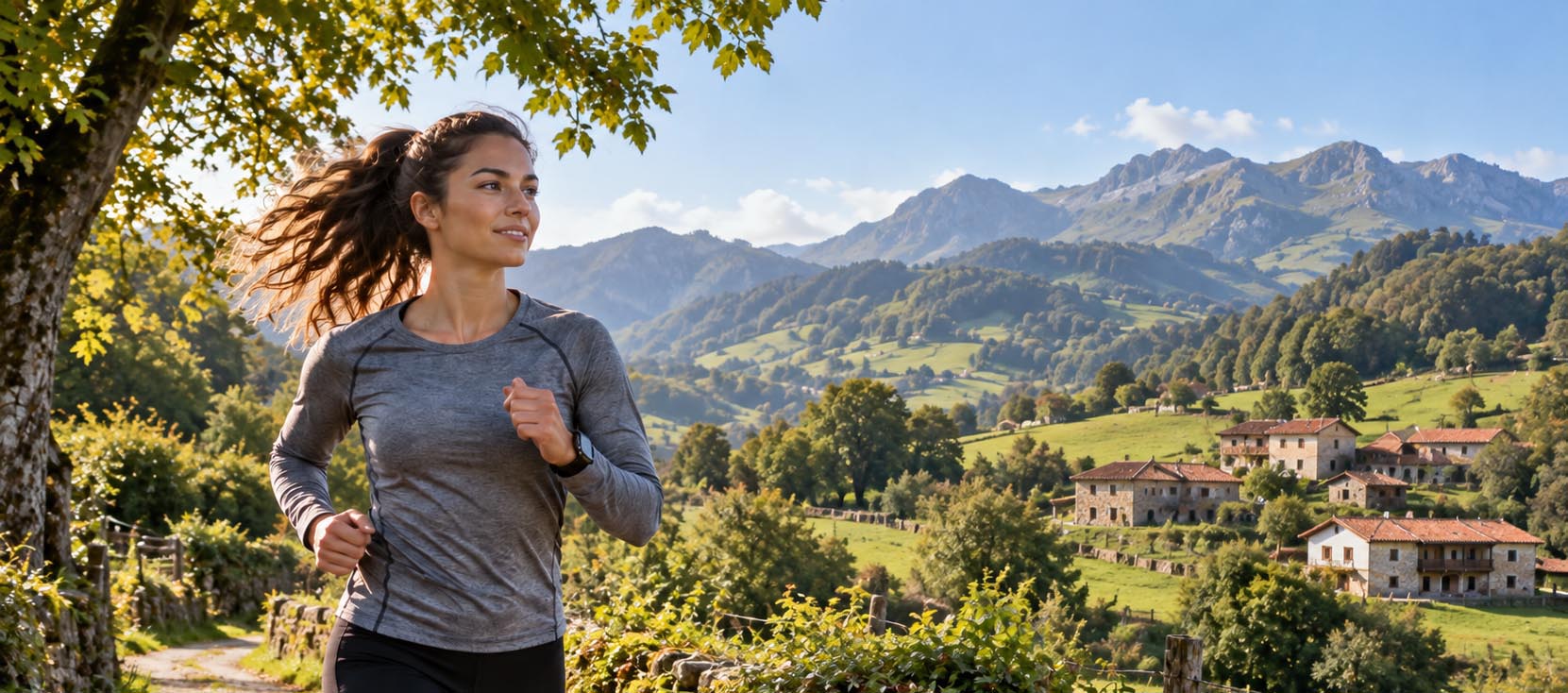 Mujer corriendo por un paisaje rural asturiano, una imagen que ilustra la relación entre ejercicio y evolución humana estudiada desde Asturias.